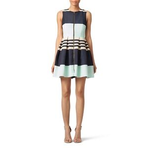 TROUBADOUR Colorblock‎ Pleated Zip Front Fit Flare Dress black Mint Cream Size 2